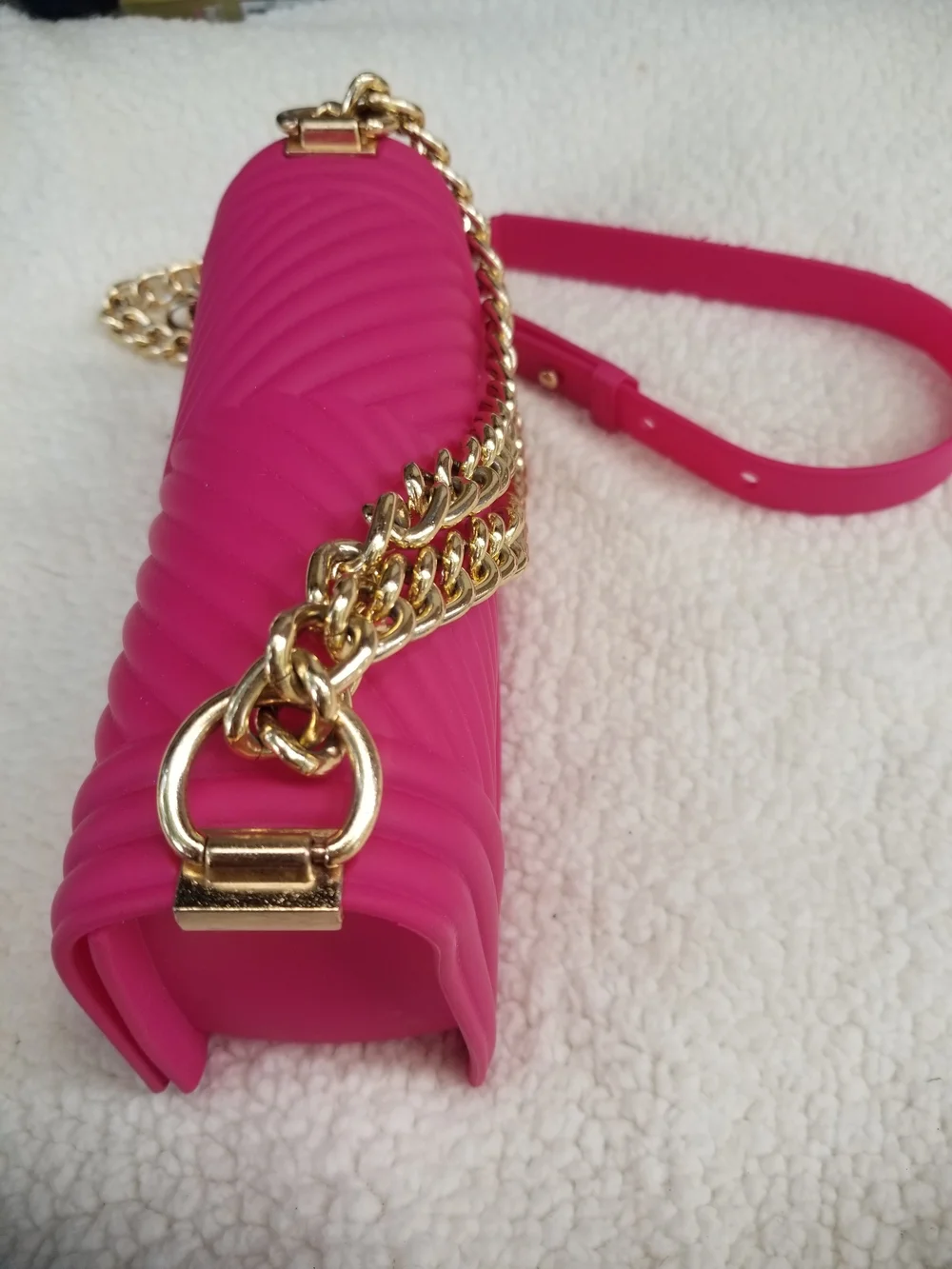 Hot Pink Quilted Jelly Crossbody Bag with Gold Chain